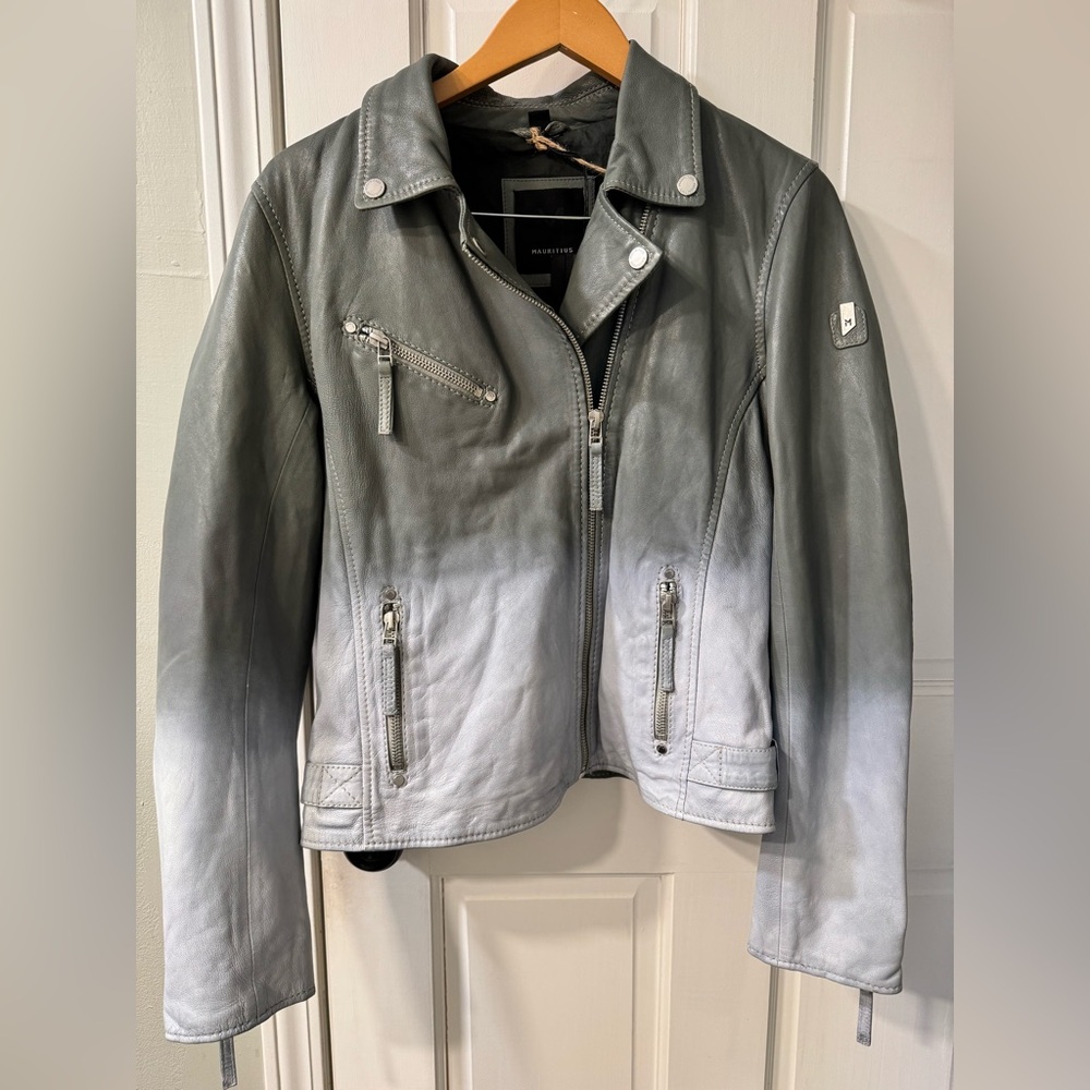 MAURITIUS Debbie RF Leather Jacket Ombre Sage Green White Large boho biker - Picture 2 of 16